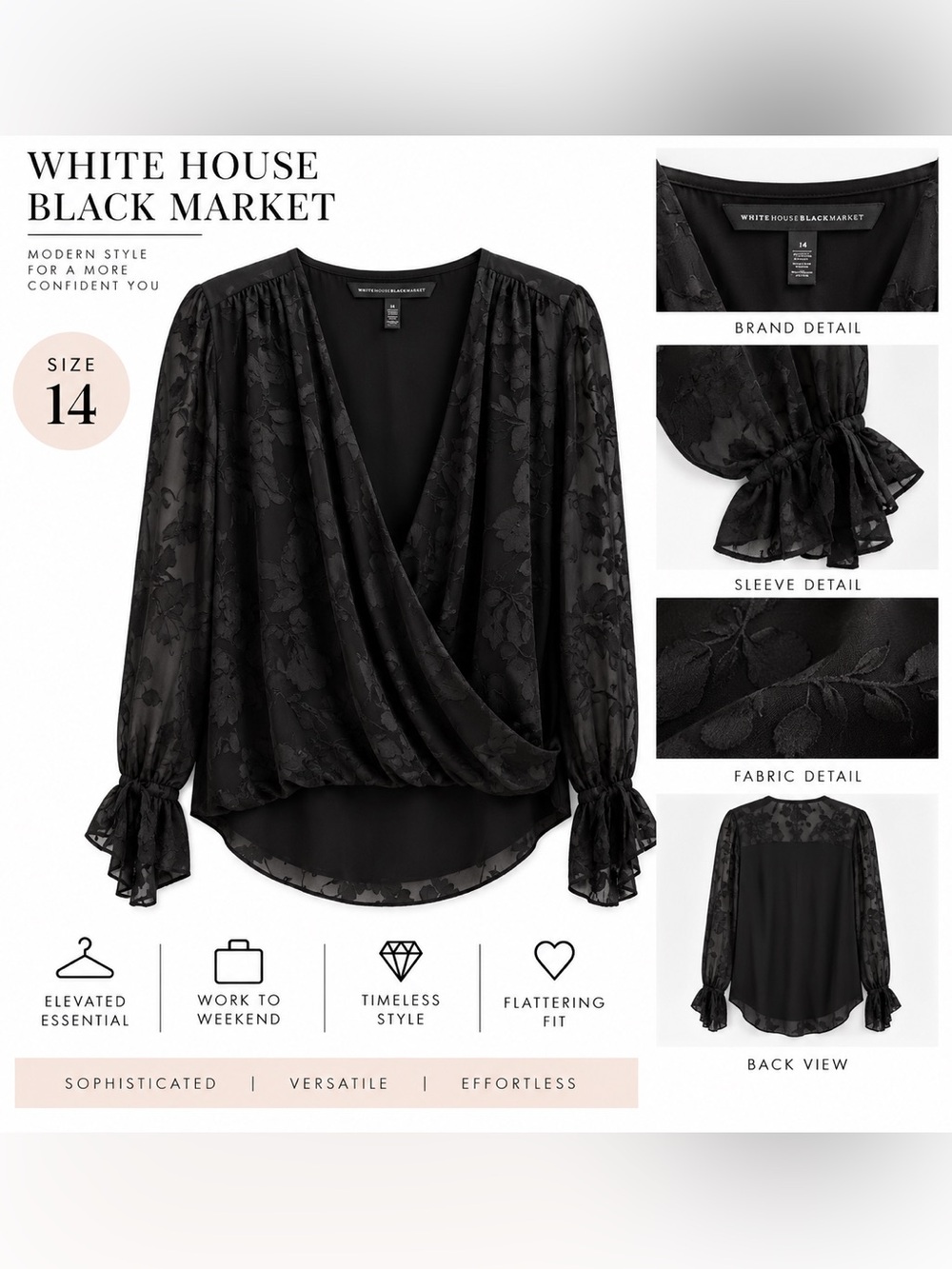White House Black Market Black Floral Jacquard Wrap Top